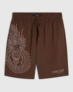 Brown Regular Fit Embroidered Dragon Shorts