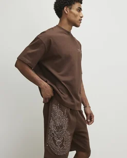 Brown Regular Fit Embroidered Dragon Shorts