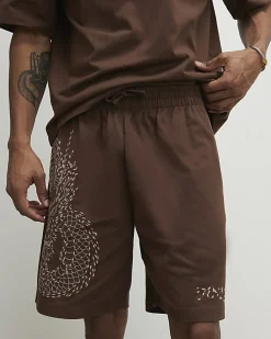 Brown Regular Fit Embroidered Dragon Shorts