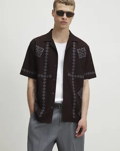 Brown Regular Fit Flower Embroidered Shirt