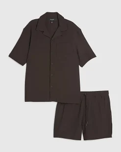 Brown Regular Fit Textured Shirt & Short Set