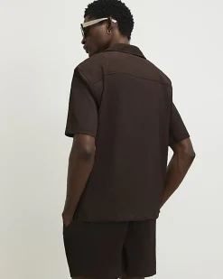Brown Regular Fit Textured Shirt & Short Set