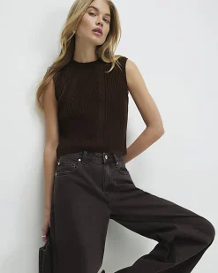 Brown Ribbed Knitted Tank Top