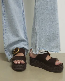 Brown Ring Buckle Strap Wedge Sandals
