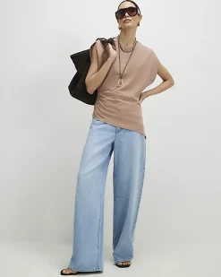 Brown Ruched Side Grown On Sleeve T-shirt