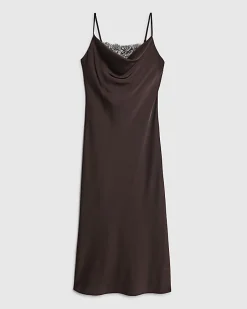 Brown Satin Cowl Neck Lace Trim Midi Dress