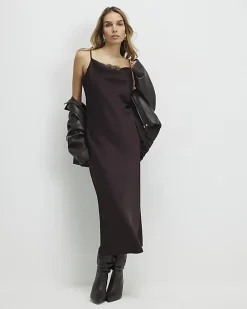Brown Satin Cowl Neck Lace Trim Midi Dress