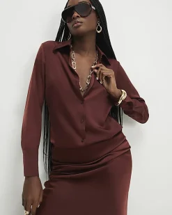 Brown Satin Long Sleeve Slim Fit Shirt