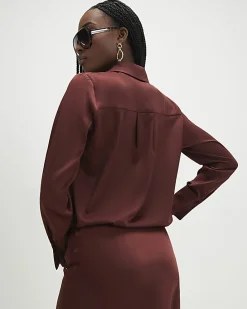 Brown Satin Long Sleeve Slim Fit Shirt