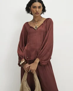 Brown Satin Notch Neck Top