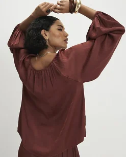 Brown Satin Notch Neck Top