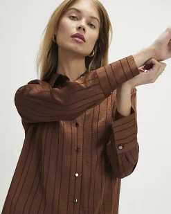 Brown Satin Striped Crinkle Blouse