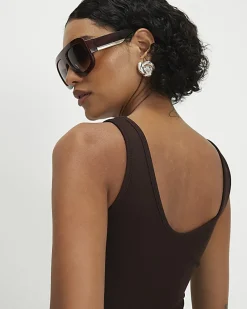 Brown Scoop Neck Seam Trim Bodysuit