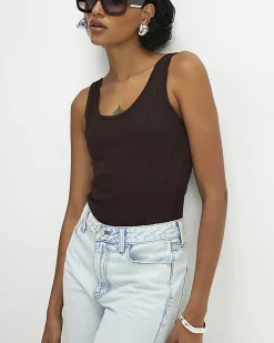 Brown Scoop Neck Seam Trim Bodysuit