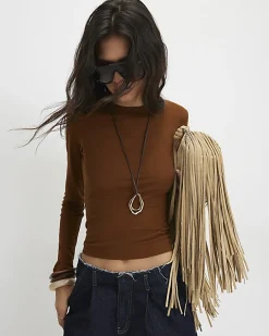 Brown Semi Sheer Long Sleeve Top