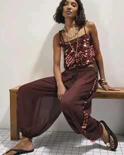 Brown Sequin Side Panel Hareem Trousers