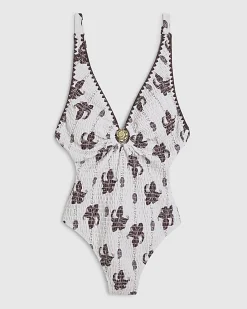 Brown Shirred Palm Print Swimsuit