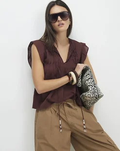 Brown Shirred Tie Neck Top