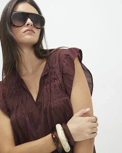 Brown Shirred Tie Neck Top