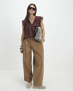 Brown Shirred Tie Neck Top