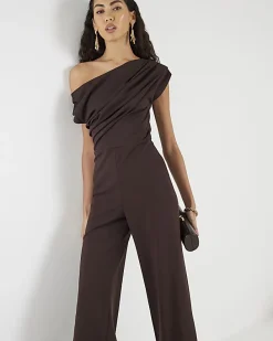 Brown Short Sleeve Asymmetric Drape Jumpsuit