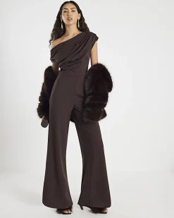 Brown Short Sleeve Asymmetric Drape Jumpsuit