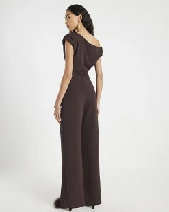 Brown Short Sleeve Asymmetric Drape Jumpsuit