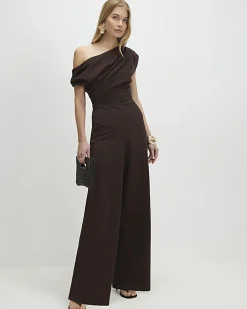 Brown Short Sleeve Asymmetric Drape Jumpsuit