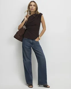 Brown Short Sleeve Drape Off Shoulder Top