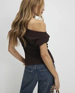 Brown Short Sleeve Drape Off Shoulder Top