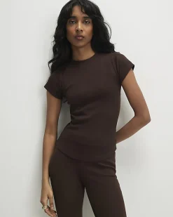 Brown Short Sleeve Fitted Ribbed Top