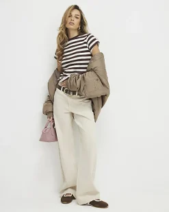 Brown Short Sleeve Fitted Stripe Rib T-Shirt