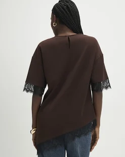 Brown Short Sleeve Lace Trim Asymmetric Top