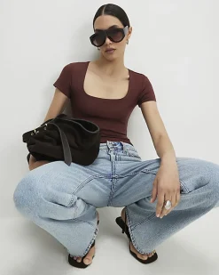 Brown Short Sleeve Scoop Neck Bodysuit