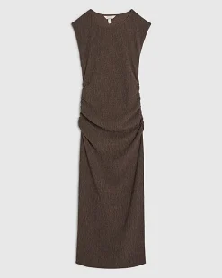 Brown Short Sleeve Textured Ruched Midi Dress