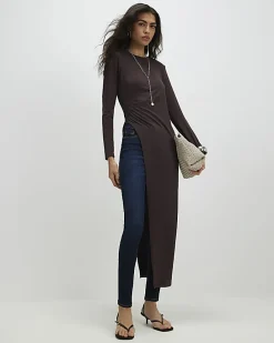 Brown Shoulder Padded Longline Asymmetric Top