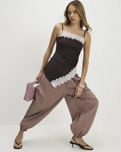 Brown Sleeveless Lace Trim Cami Top