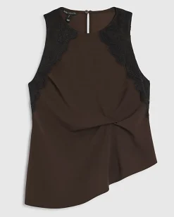 Brown Sleeveless Lace Trim Top