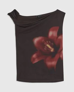 Brown Sleeveless Mesh Floral Print Top