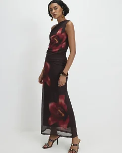 Brown Sleeveless Mesh Floral Print Top