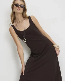 Brown Sleeveless Mesh Maxi Dress