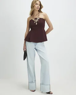 Brown Sleeveless Peplum Bandeau Top