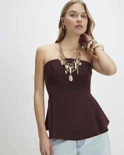 Brown Sleeveless Peplum Bandeau Top