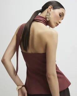 Brown Sleeveless Scarf Neck Waistcoat