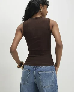 Brown Sleeveless Wide Ribbed Tank Top