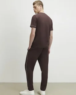 Brown Slim Fit Piped Textured Joggers