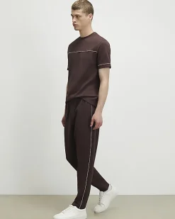 Brown Slim Fit Piped Textured Joggers