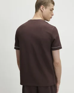Brown Slim Fit Piped Textured T-Shirt