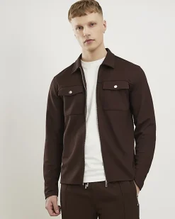 Brown Slim Fit Pique Shacket And Joggers Set