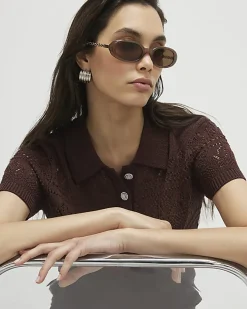Brown Stitched Knit Polo Top